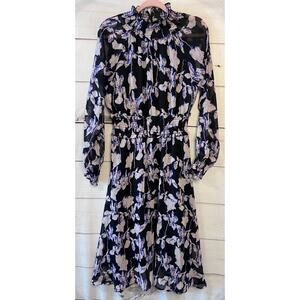 o.p.t.‎ size SM Long Sleeve Midi Dress High Neck Ruffled Black Purple Floral